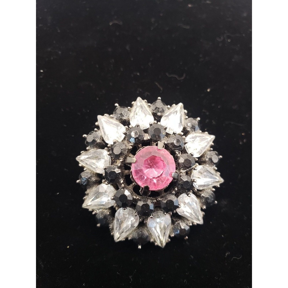 Stunning Rhinestone Circular Brooch Pin Pink White Flower Teardrop 1.5"X1.5"